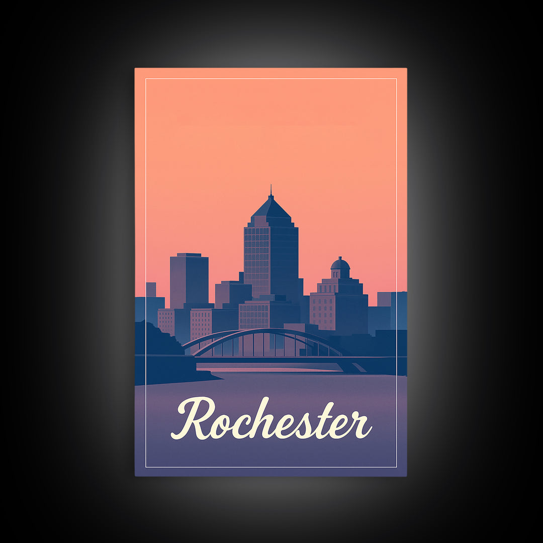 Rochester Travel Poster, Framed Canvas Print, Mid Century City Wall Art, Rochester Poster Print, Eclectic Wall Decor, Travel Art Print