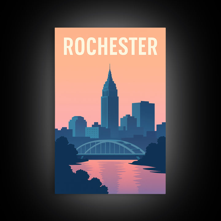 Rochester Travel Poster, Framed Canvas Print, Mid Century City Wall Art, Rochester Travel Art, City Art Print, Vintage City Poster