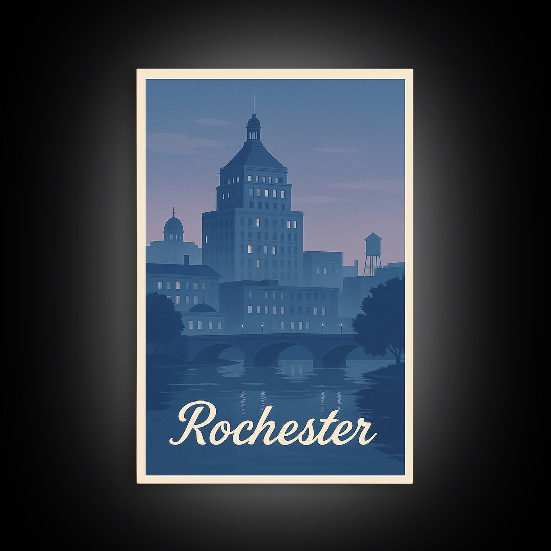 Rochester Travel Poster, Framed Canvas Print, Vintage Travel Poster Art, Rochester City Art, City Travel Prints, Vintage City Poster