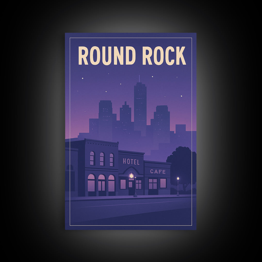 Round Rock Travel Poster, Framed Canvas Print, Retro Sunset Skyline Art, Round Rock Poster Print, Travel Art Print, Living Room Wall Art