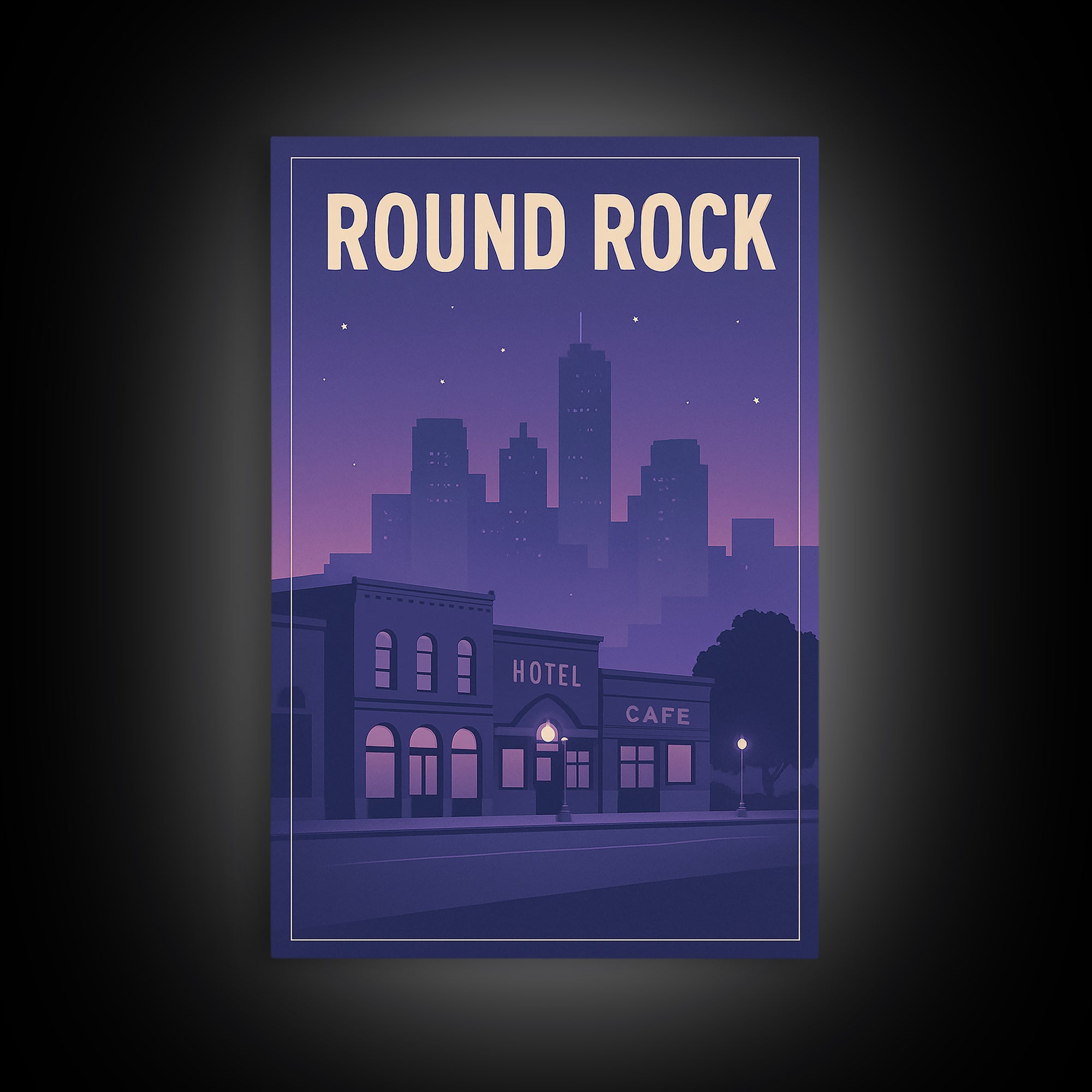 Round Rock Travel Poster, Framed Canvas Print, Retro Sunset Skyline Art, Round Rock Poster Print, Travel Art Print, Living Room Wall Art