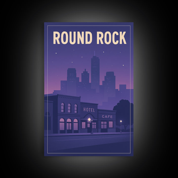 Round Rock Travel Poster, Framed Canvas Print, Retro Sunset Skyline Art, Round Rock Poster Print, Travel Art Print, Living Room Wall Art