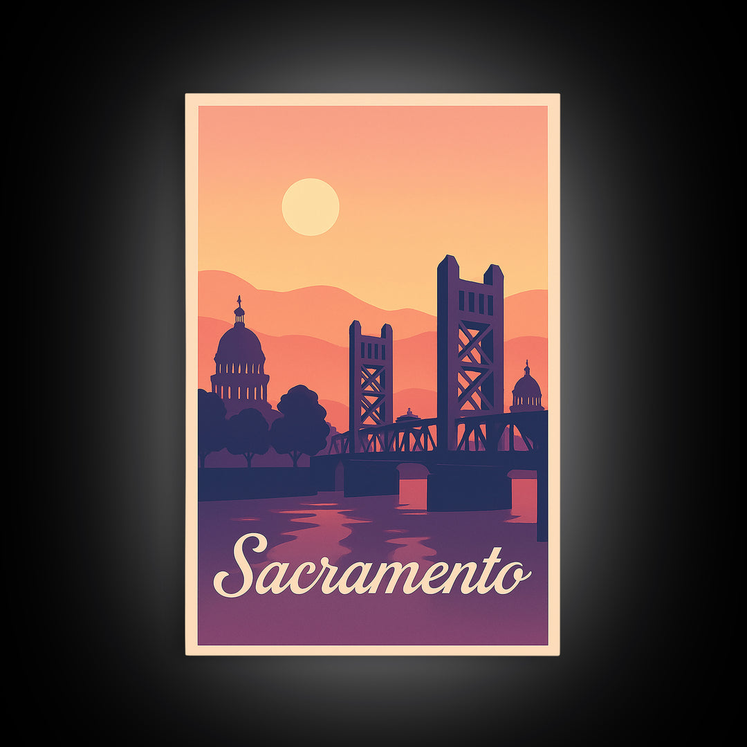 Sacramento California Travel Poster, Canvas Print, Retro Sunset Skyline Art, Sacramento Art Print, Wall Art, Mid Century Wall Art