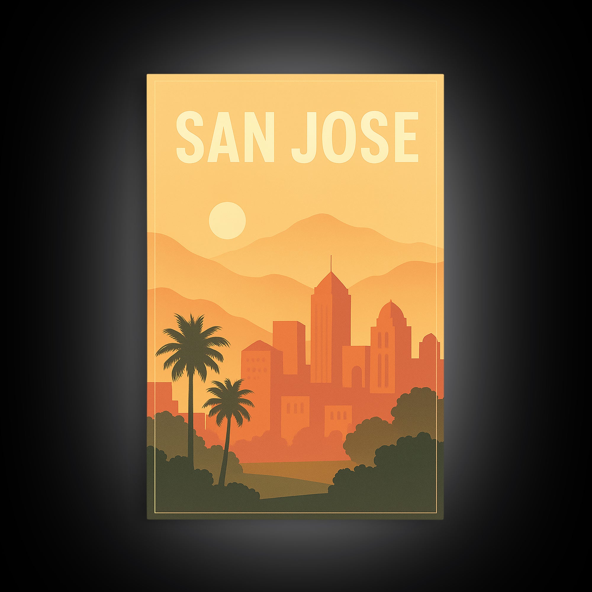 San Jose California Travel Poster, Framed Canvas Print, Retro Sunset Skyline Art, San Jose Poster Print, Fine Art Print, Vintage City Art