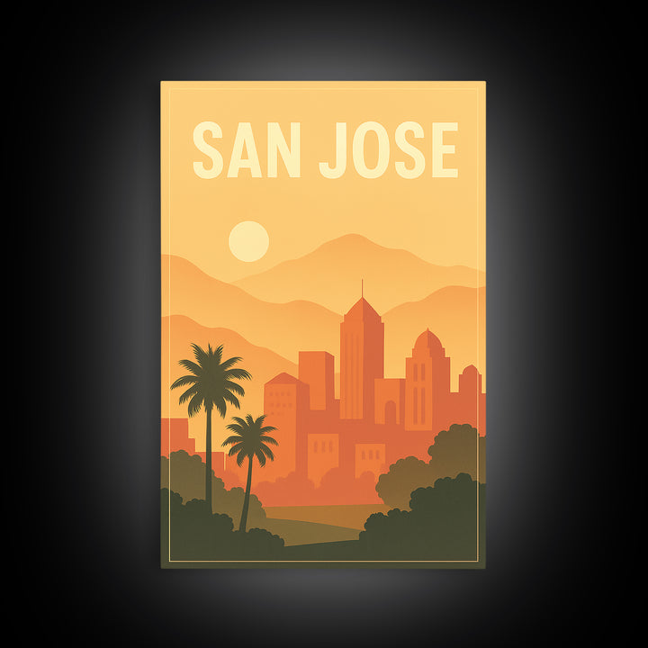 San Jose California Travel Poster, Framed Canvas Print, Retro Sunset Skyline Art, San Jose Poster Print, Fine Art Print, Vintage City Art