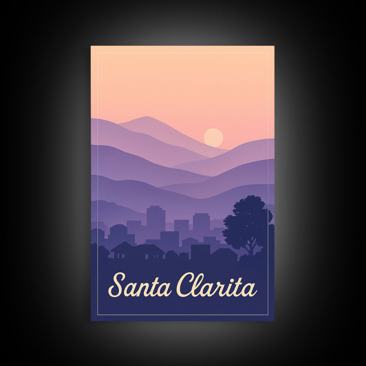 Santa Clarita Travel Poster, Framed Canvas Print, Retro Sunset Skyline Art, Santa Clarita Art Print, Travel Wall Decor, Modern Wall Decor