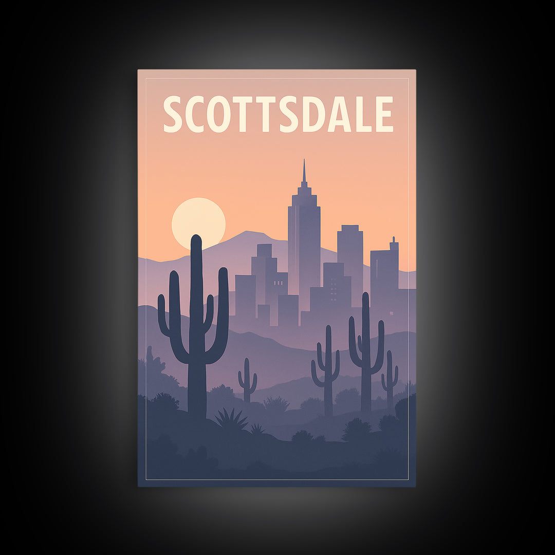 Scottsdale Arizona Travel Poster, Canvas Print, Retro Sunset Skyline Art, Scottsdale Travel Art, Gift For Travelers, Travel Wall Art