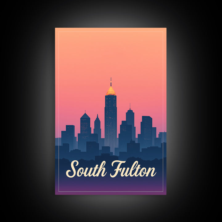 South Fulton Georgia Travel Poster, Canvas Print, Retro Sunset Skyline Art, South Fulton Wall Art, Gift For Travelers, Mid Century Wall Art