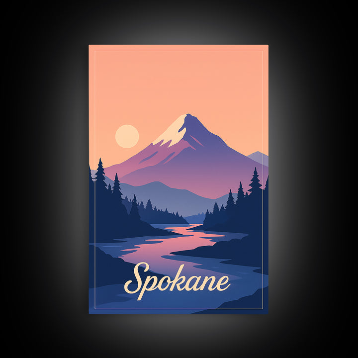 Spokane Washington Travel Poster, Canvas Print, Retro Sunset Skyline Art, Spokane Travel Art, Retro Travel Print, Watercolor Urban Skyline