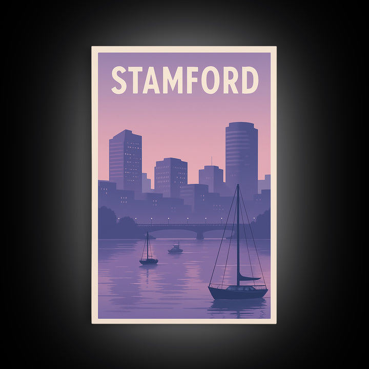 Stamford Travel Poster, Framed Canvas Print, Mid Century City Wall Art, Stamford Travel Art, Travel Poster Art, City Illustration