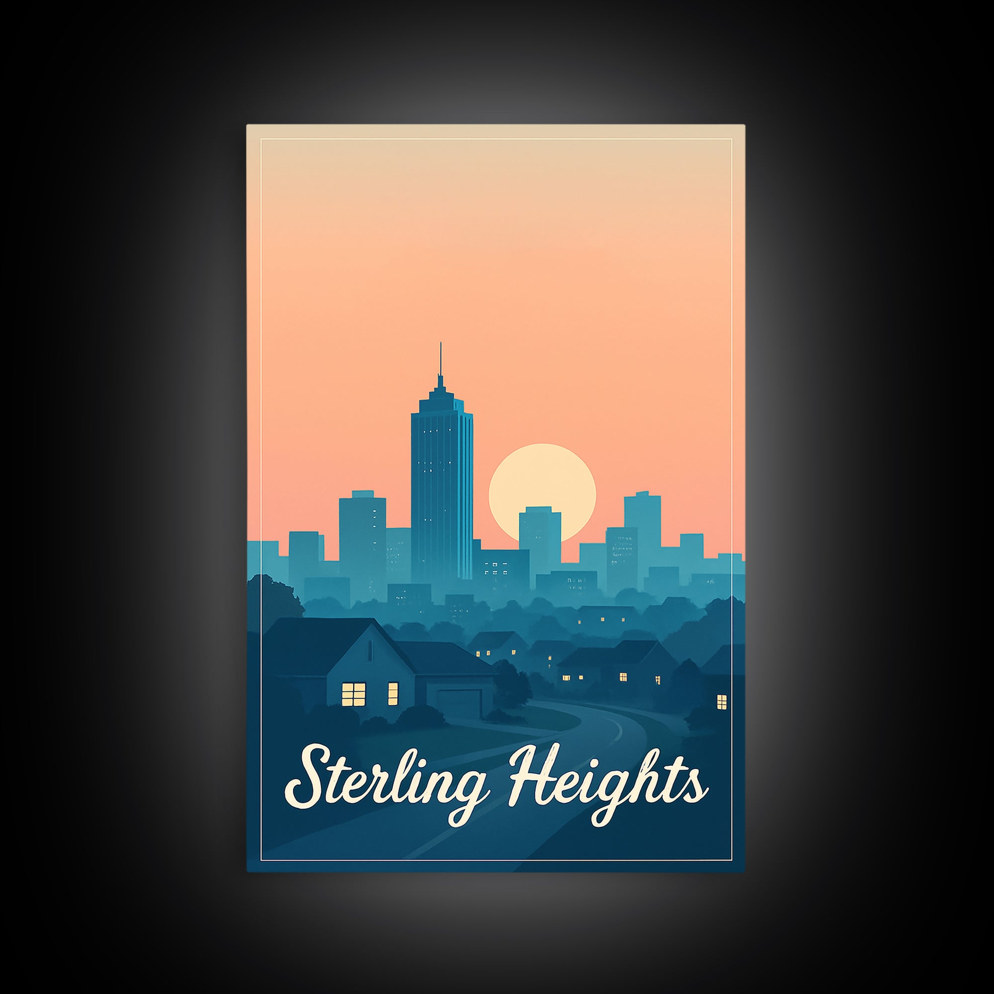 Sterling Heights Michigan Travel Poster, Framed Canvas Print, Retro Sunset Skyline Art, Sterling Heights Wall Art, City Travel Prints