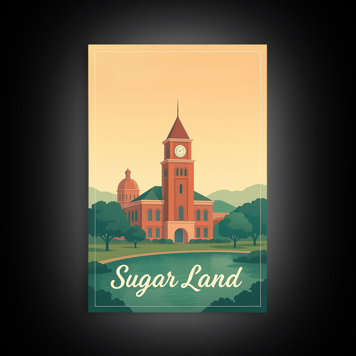 Sugar Land Texas Travel Poster, Framed Canvas Print, Mid Century City Wall Art, Sugar Land Travel Art, Travel Poster Art, Gift For Travelers
