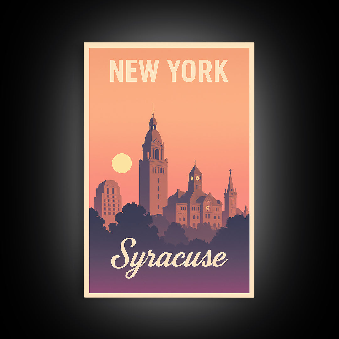 Syracuse New York Travel Poster, Canvas Print, Retro Sunset Skyline Art, Syracuse City Art, Home Office Decor, Wall Art, City Poster
