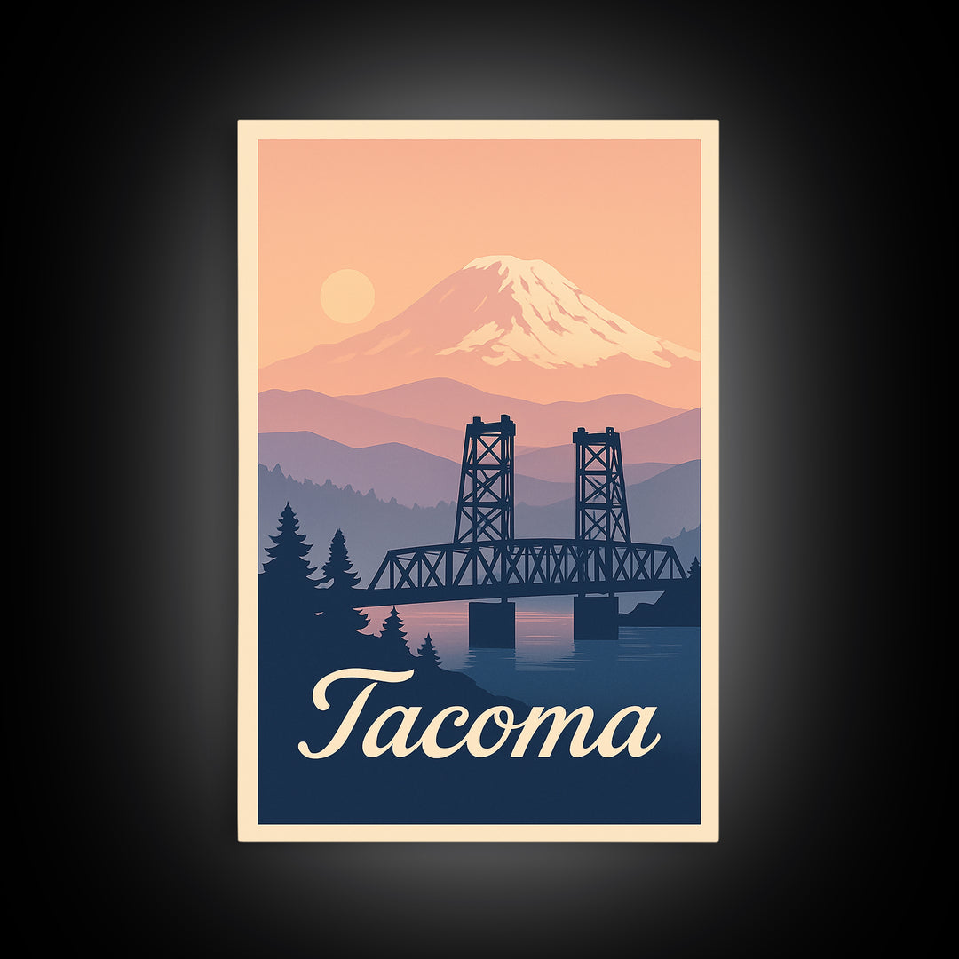 Tacoma Washington Travel Poster, Framed Canvas Print, Retro Sunset Skyline Art, Tacoma Poster Print, Eclectic Wall Decor, City Travel Prints