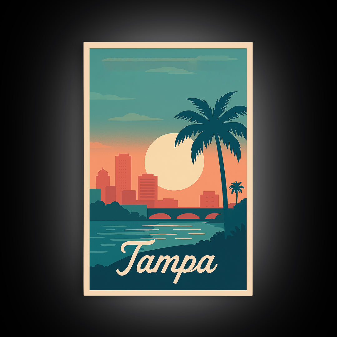 Tampa Florida Travel Poster, Canvas Print, Retro Sunset Skyline Art, Tampa Wall Art, Retro Travel Print, Vintage City Art, Travel Poster Art