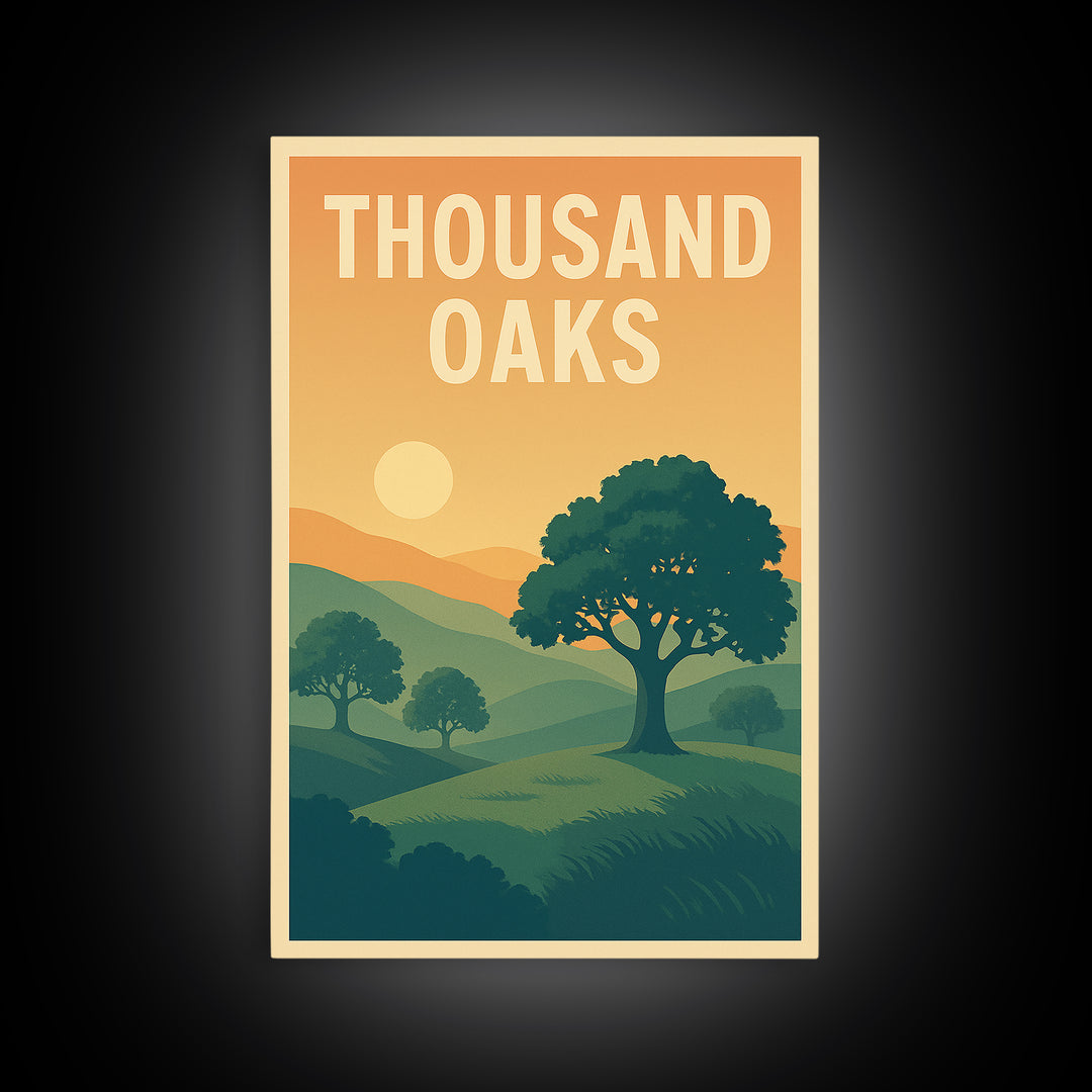 Thousand Oaks Travel Poster, Framed Canvas Print, Retro Sunset Skyline Art, Thousand Oaks Art Print, Vintage City Poster, Retro Travel Print