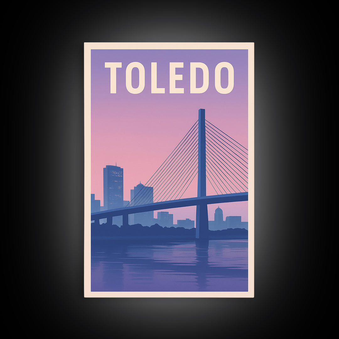 Toledo Ohio Travel Poster, Canvas Print, Retro Sunset Skyline Art, Toledo Travel Art, Watercolor Cityscape, City Poster, Travel Prints