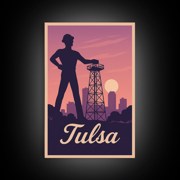 Tulsa Travel Poster, Framed Canvas Print, Retro Sunset Skyline Art, Tulsa Poster Print, Retro Travel Print, City Art Print, Travel Decor