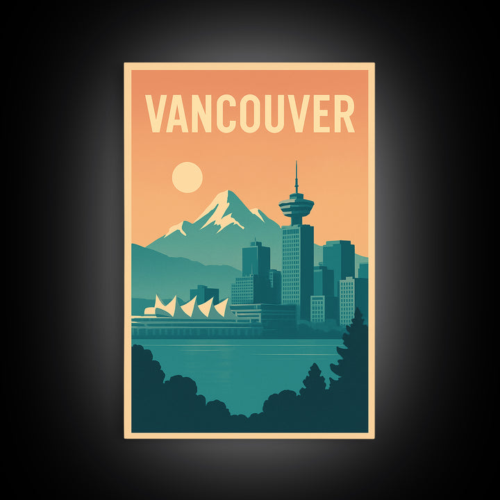 Vancouver Travel Poster, Canvas Print, Retro Sunset Skyline Art, Vancouver Wall Art, City Art Print, Vintage City Art, Fine Art Print