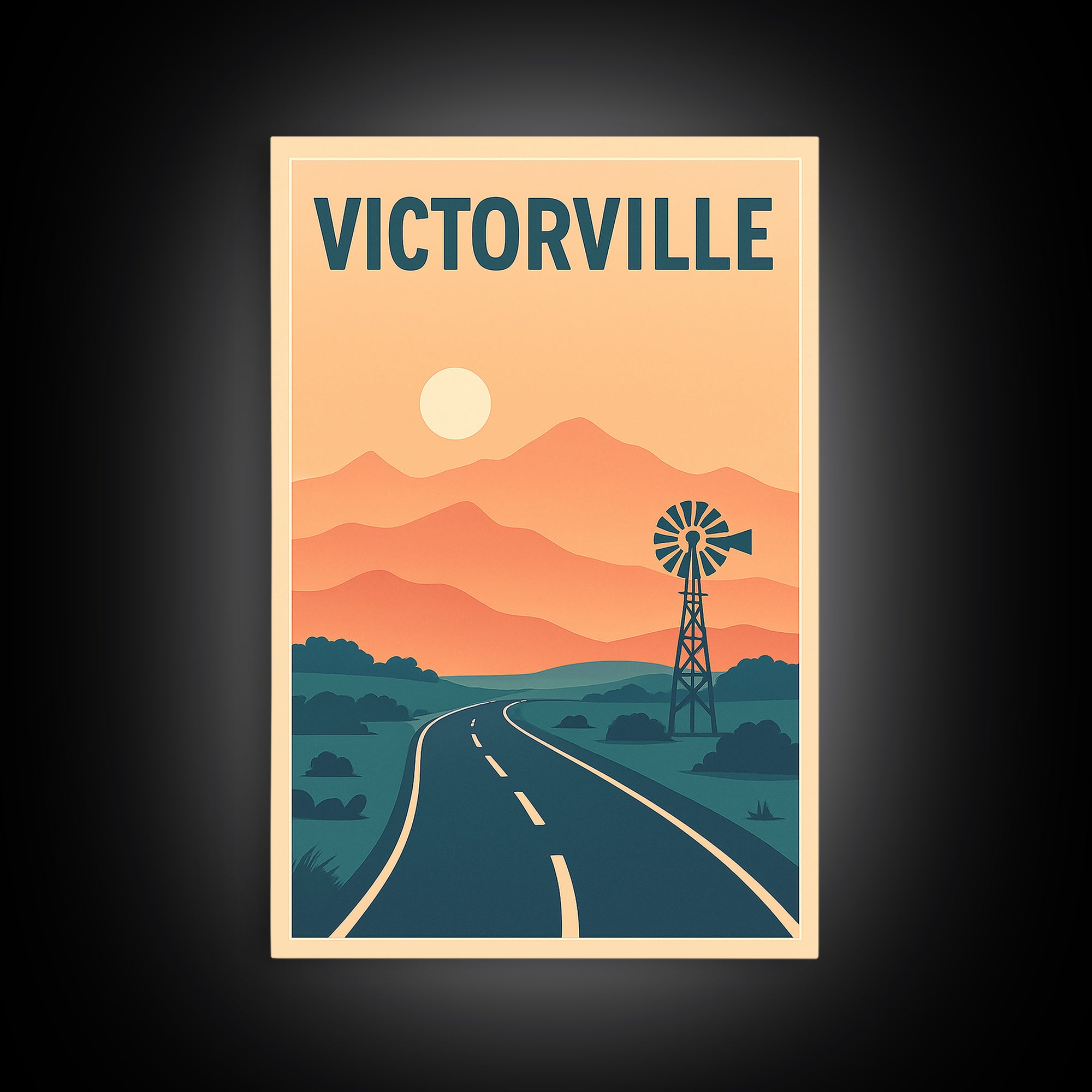 Victorville Travel Poster, Framed Canvas Print, Retro Sunset Skyline Art, Victorville Wall Art, City Art Print, Travel Poster Art