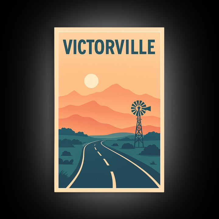 Victorville Travel Poster, Framed Canvas Print, Retro Sunset Skyline Art, Victorville Wall Art, City Art Print, Travel Poster Art