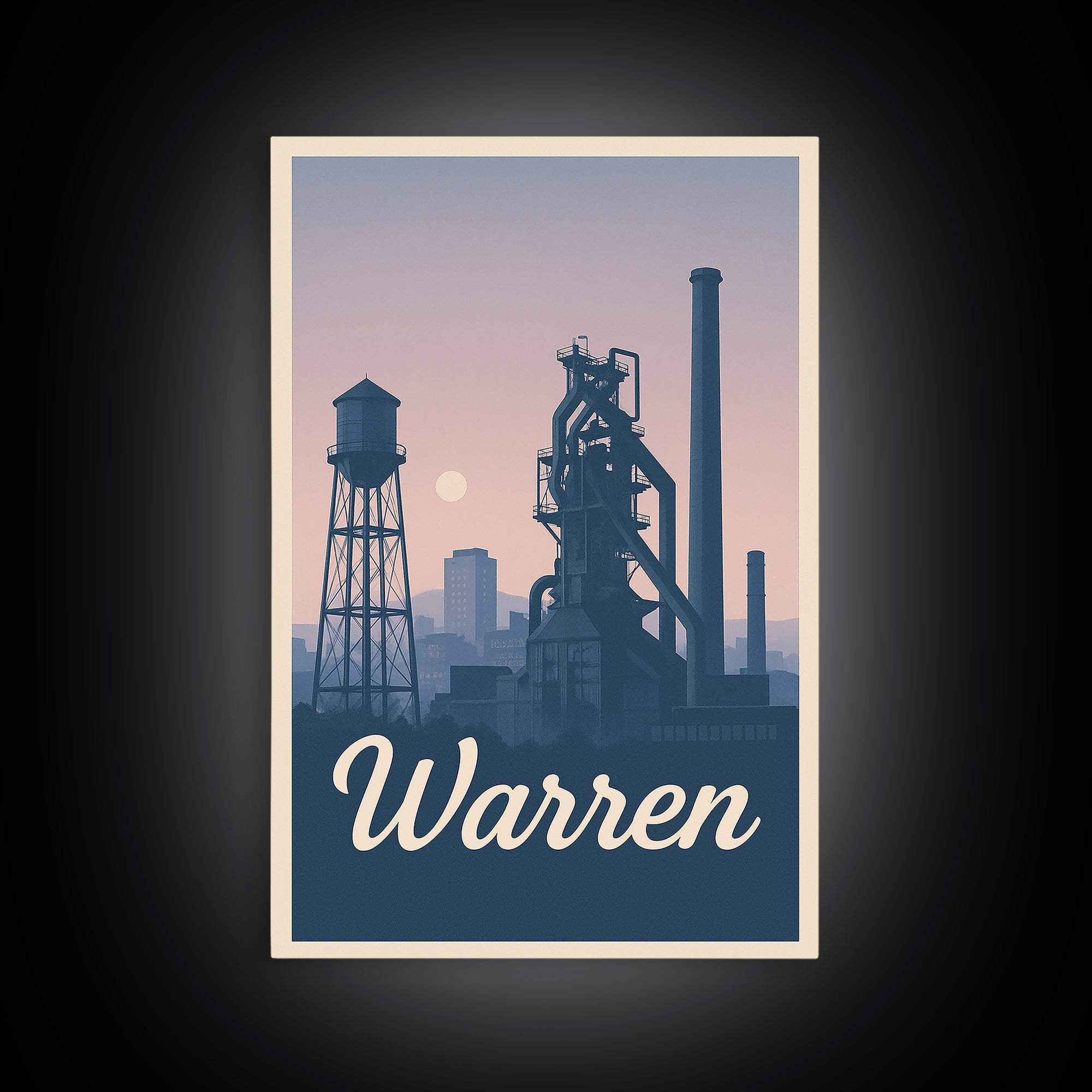 Warren Travel Poster, Framed Canvas Print, Retro Sunset Skyline Art, Warren City Art, Mid Century Wall Art, Modern Wall Decor, Design 2