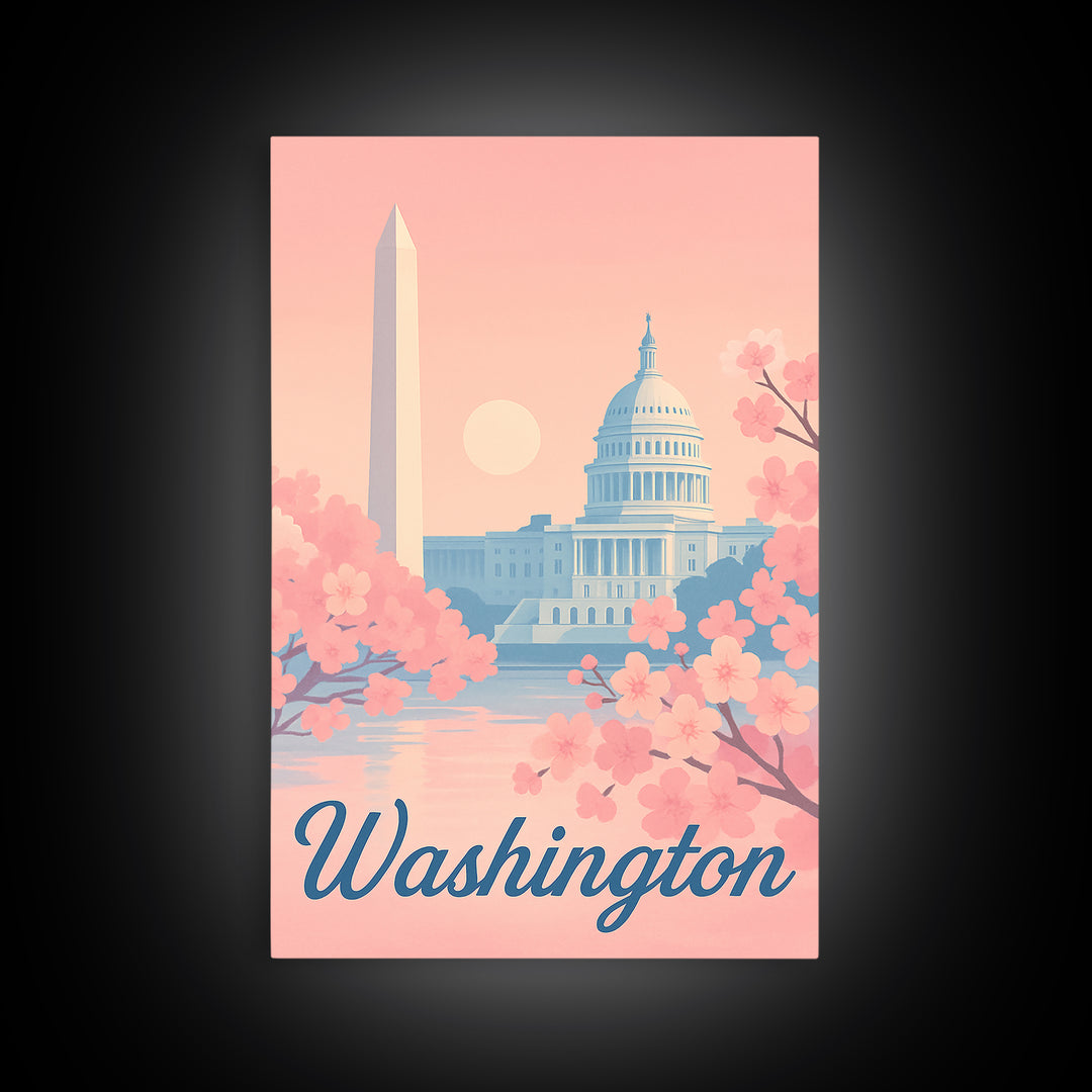 Washington Travel Poster, Framed Canvas Print, Retro Sunset Skyline Art, Washington Poster Print, Vintage City Poster, City Art Print