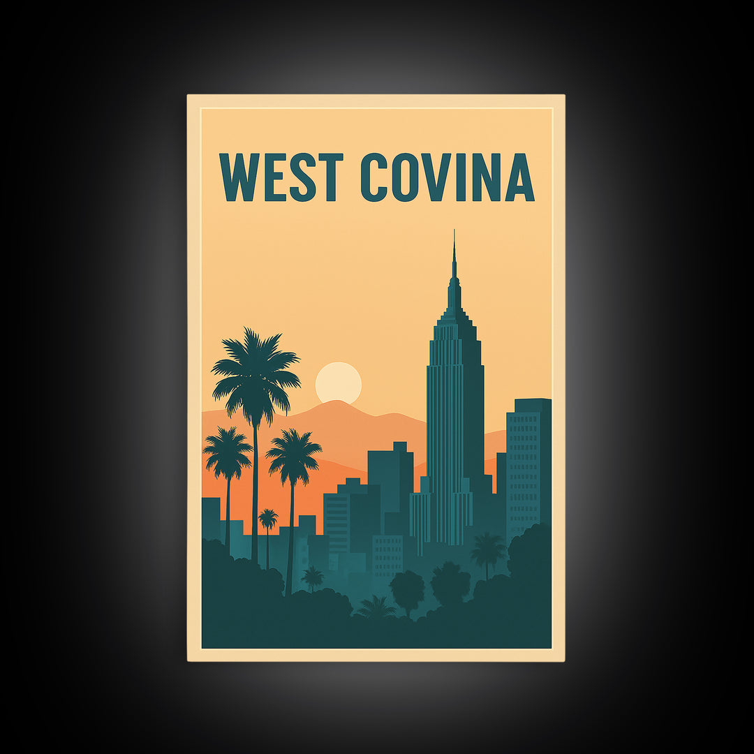 West Covina Travel Poster, Framed Canvas Print, Retro Sunset Skyline Art, West Covina Poster Print, Eclectic Wall Decor, Home Office Decor