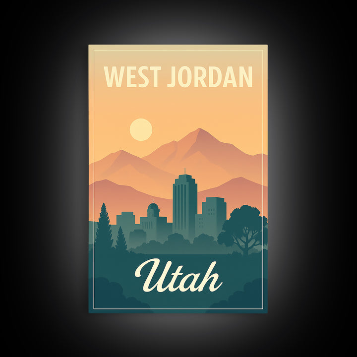 West Jordan Travel Poster, Framed Canvas Print, Retro Sunset Skyline Art, West Jordan Travel Art, City Illustration, Modern Wall Decor