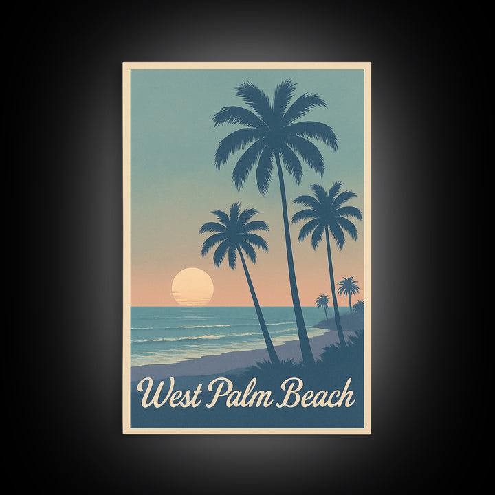 West Palm Beach Travel Poster, Framed Canvas Print, Retro Sunset Skyline Art, West Palm Beach Art Print, Fine Art Print, Travel Poster Art
