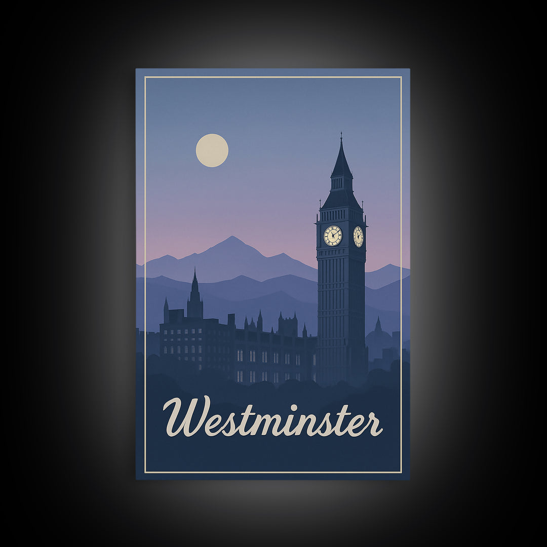 Westminster Travel Poster, Canvas Print, Mid Century City Wall Art, Westminster Travel Art, City Travel Prints, Home Office Decor