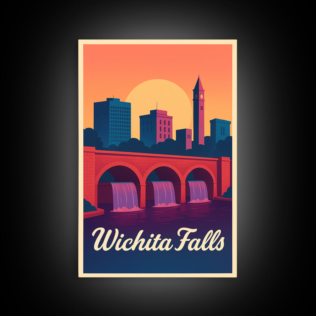 Wichita Falls Texas Travel Poster, Canvas Print, Retro Sunset Skyline Art, Wichita Falls City Art, City Art Print, Travel Poster Art