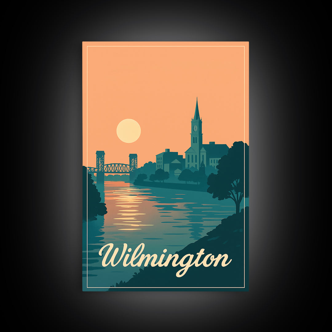 Wilmington North Carolina Travel Poster, Canvas Print, Mid Century City Wall Art, Wilmington Art Print, Wall Art, Watercolor Skyline Art