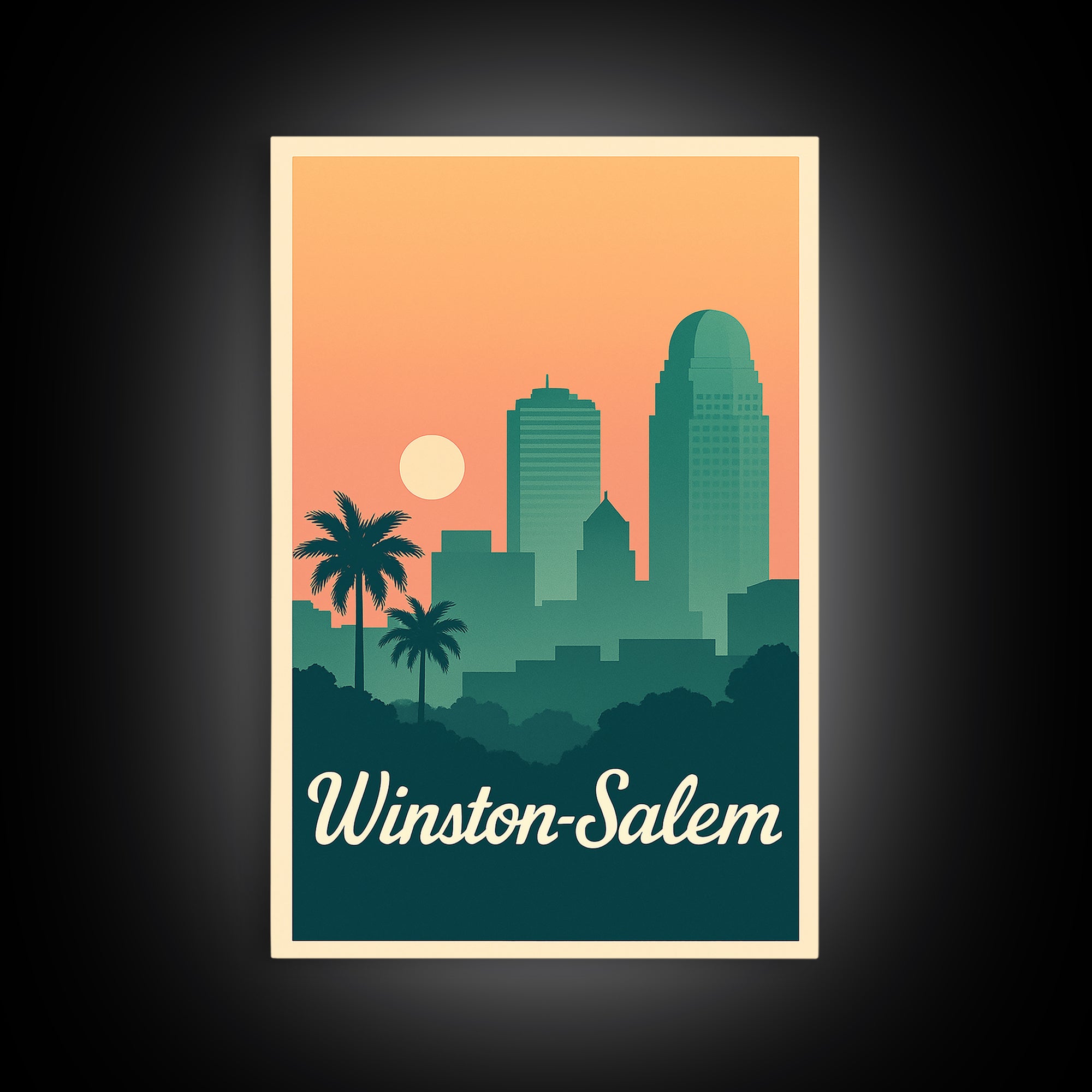 Winston Salem North Carolina Travel Poster, Canvas Print, Sunset Skyline Art, Winston Salem Wall Art, Art Print, Watercolor Skyline Art