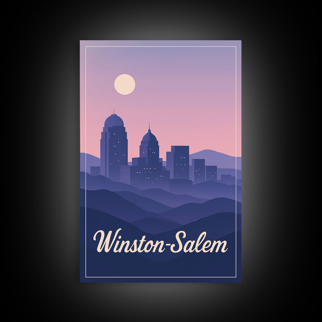 Winston Salem Travel Poster, Framed Canvas Print, Retro Sunset Skyline Art, Winston Salem Poster Print, Retro Travel Print, Fine Art Print