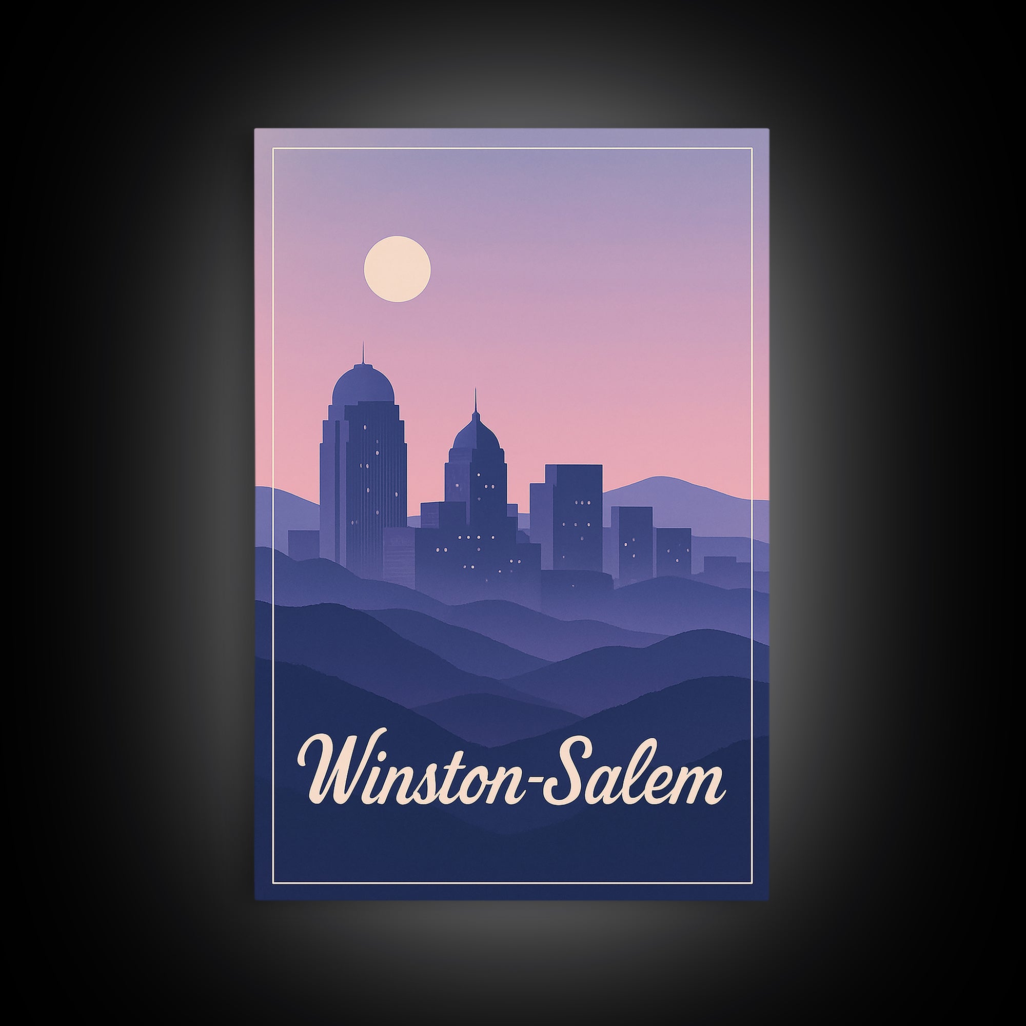 Winston Salem Travel Poster, Framed Canvas Print, Retro Sunset Skyline Art, Winston Salem Poster Print, Retro Travel Print, Fine Art Print