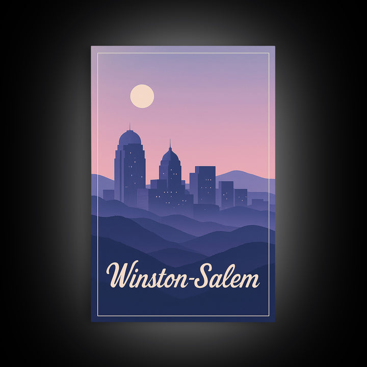 Winston Salem Travel Poster, Framed Canvas Print, Retro Sunset Skyline Art, Winston Salem Poster Print, Retro Travel Print, Fine Art Print