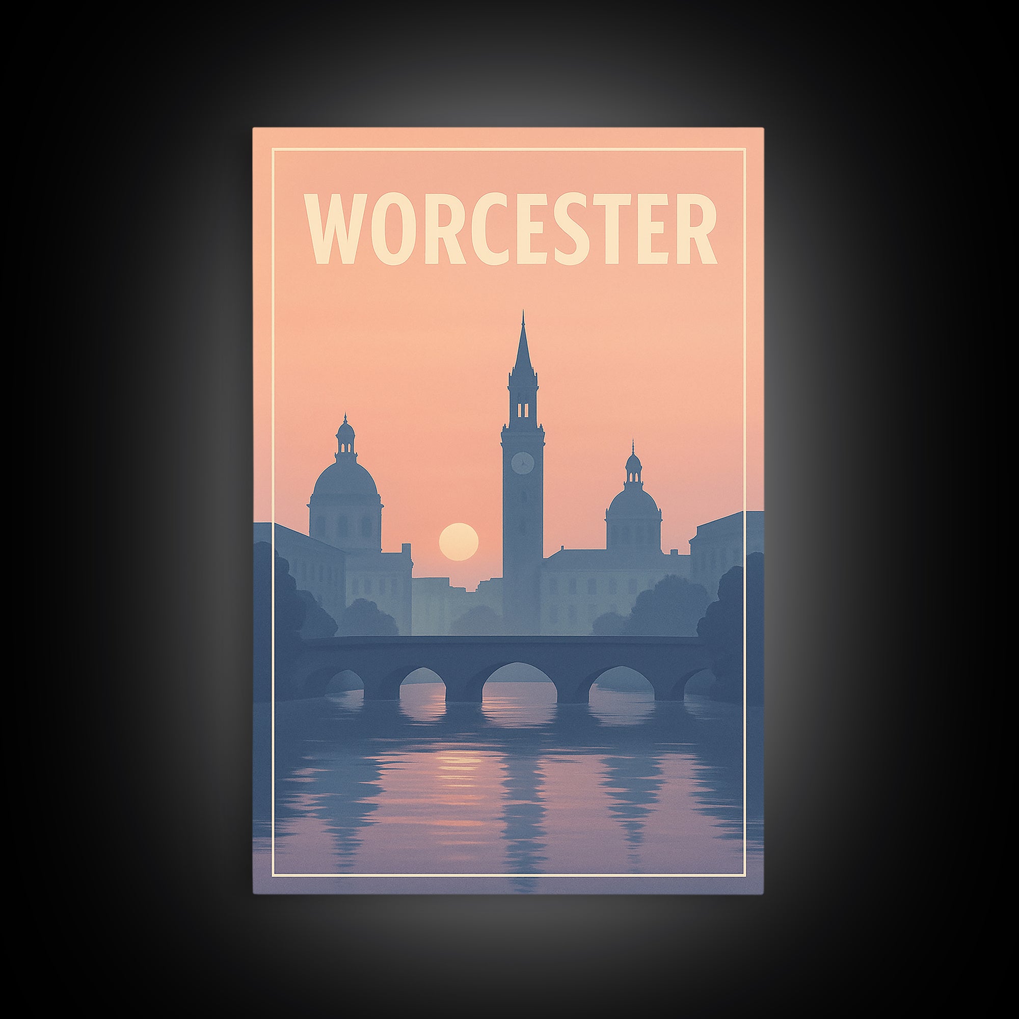 Worcester Massachusetts Travel Poster, Canvas Print, Sunset Skyline Art, Worcester Travel Art, Travel Poster Set, Watercolor City Skyline