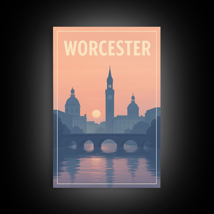 Worcester Massachusetts Travel Poster, Canvas Print, Sunset Skyline Art, Worcester Travel Art, Travel Poster Set, Watercolor City Skyline