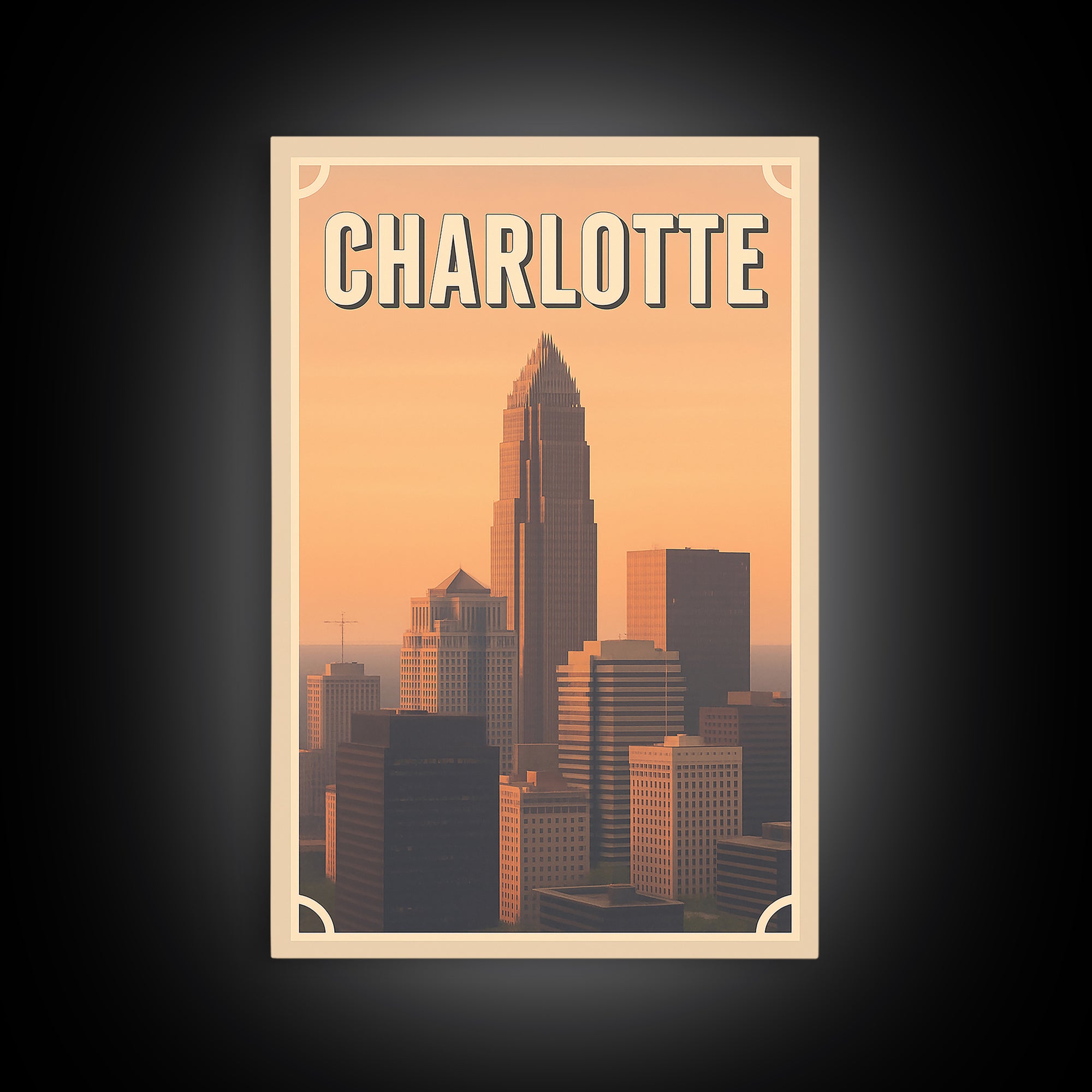 Charlotte Travel Poster, Framed Canvas Print, Vintage Theatre Style Art, Charlotte Poster Print, Gift For Travelers, Travel Poster Set