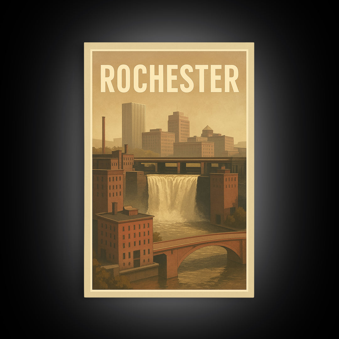 Rochester Travel Poster, Framed Canvas Print, Old School Travel Poster, Rochester Travel Art, Vintage City Poster, Retro Travel Print