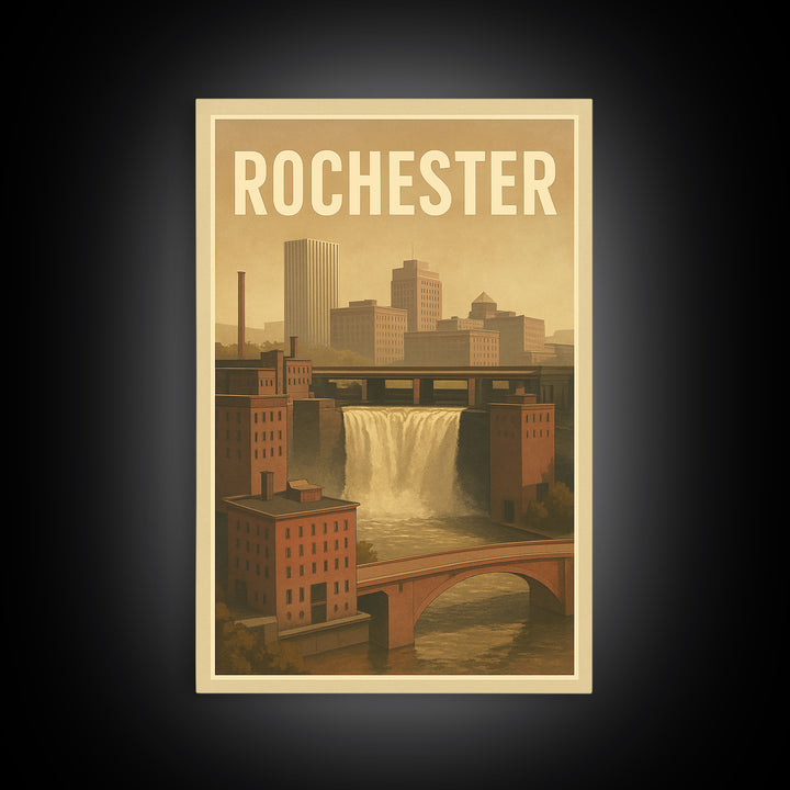 Rochester Travel Poster, Framed Canvas Print, Old School Travel Poster, Rochester Travel Art, Vintage City Poster, Retro Travel Print