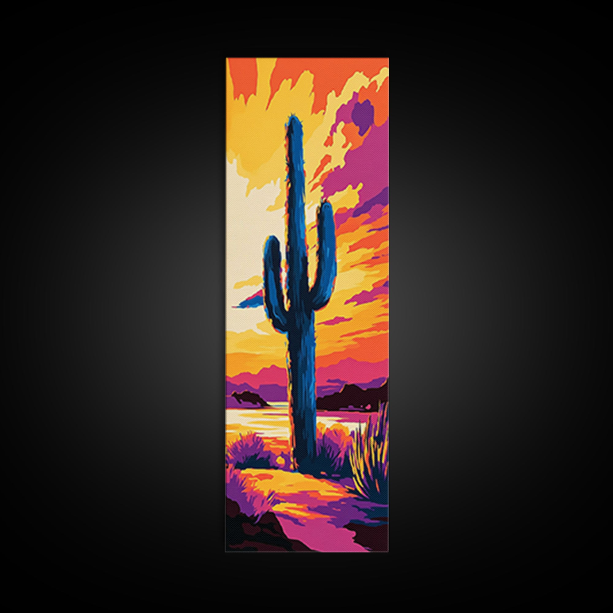 Night Sky Cactus Framed Canvas Print floral desert painting pink orange wall art moody art guest room art