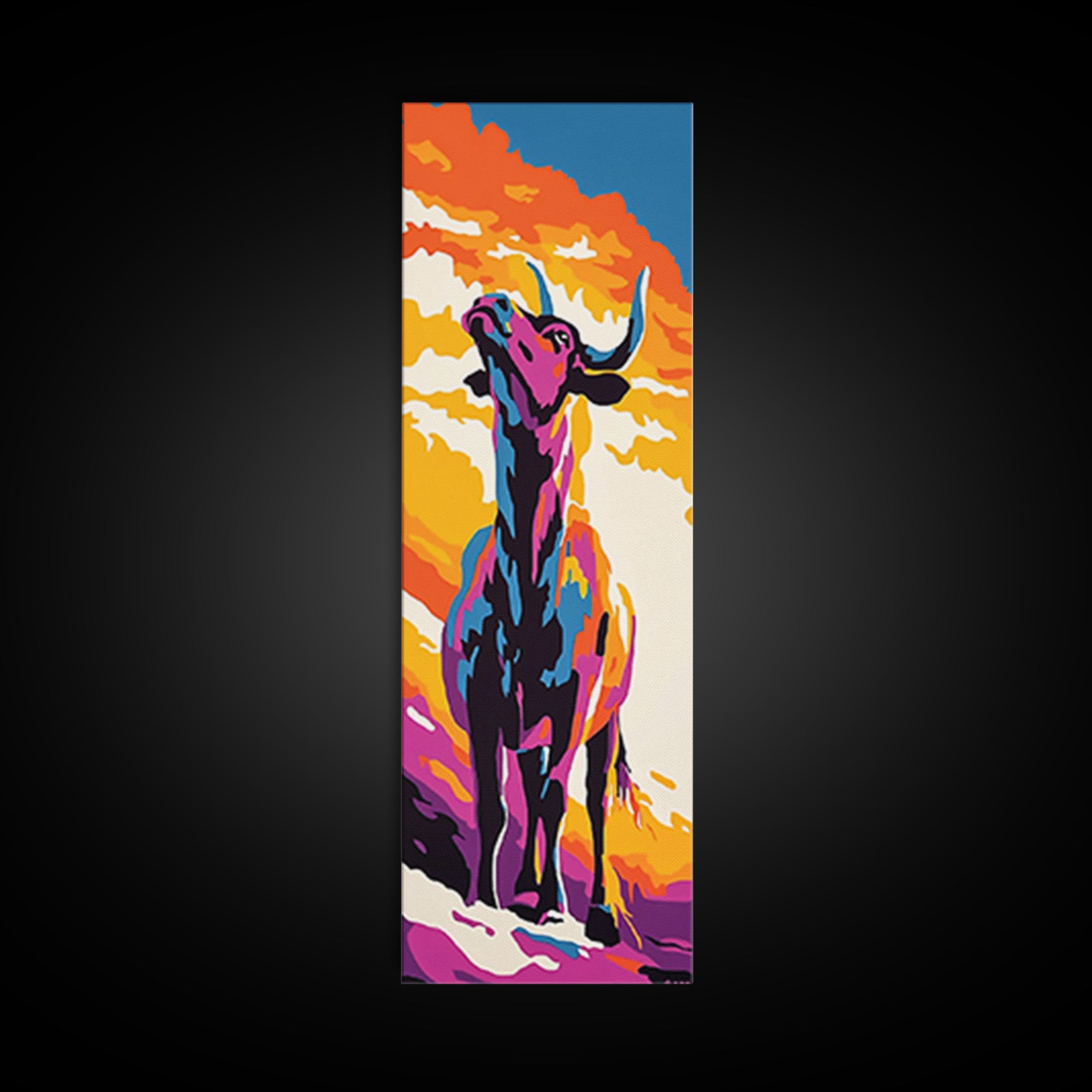 Vibrant Bull Art Framed Canvas Print Colorful Southwest Wall Art, Blotter Art, Chicano Art, Moody Art, Gift Idea, Above Sofa Art