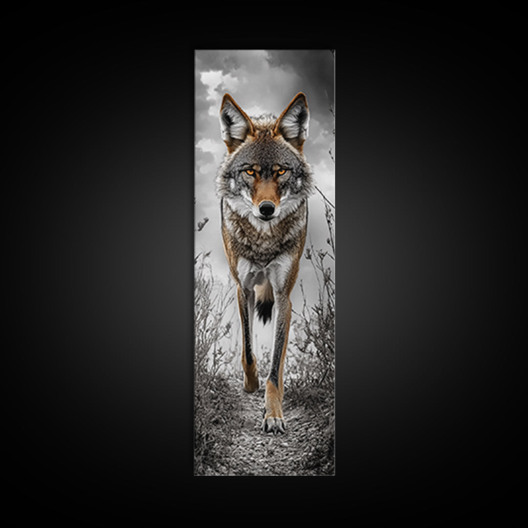 Intense Coyote Stare Framed Canvas Print | Wildlife Wall Art | Rustic Decor | Moody Art | Southwest Wall Art | Above Sofa Art | Gift Idea
