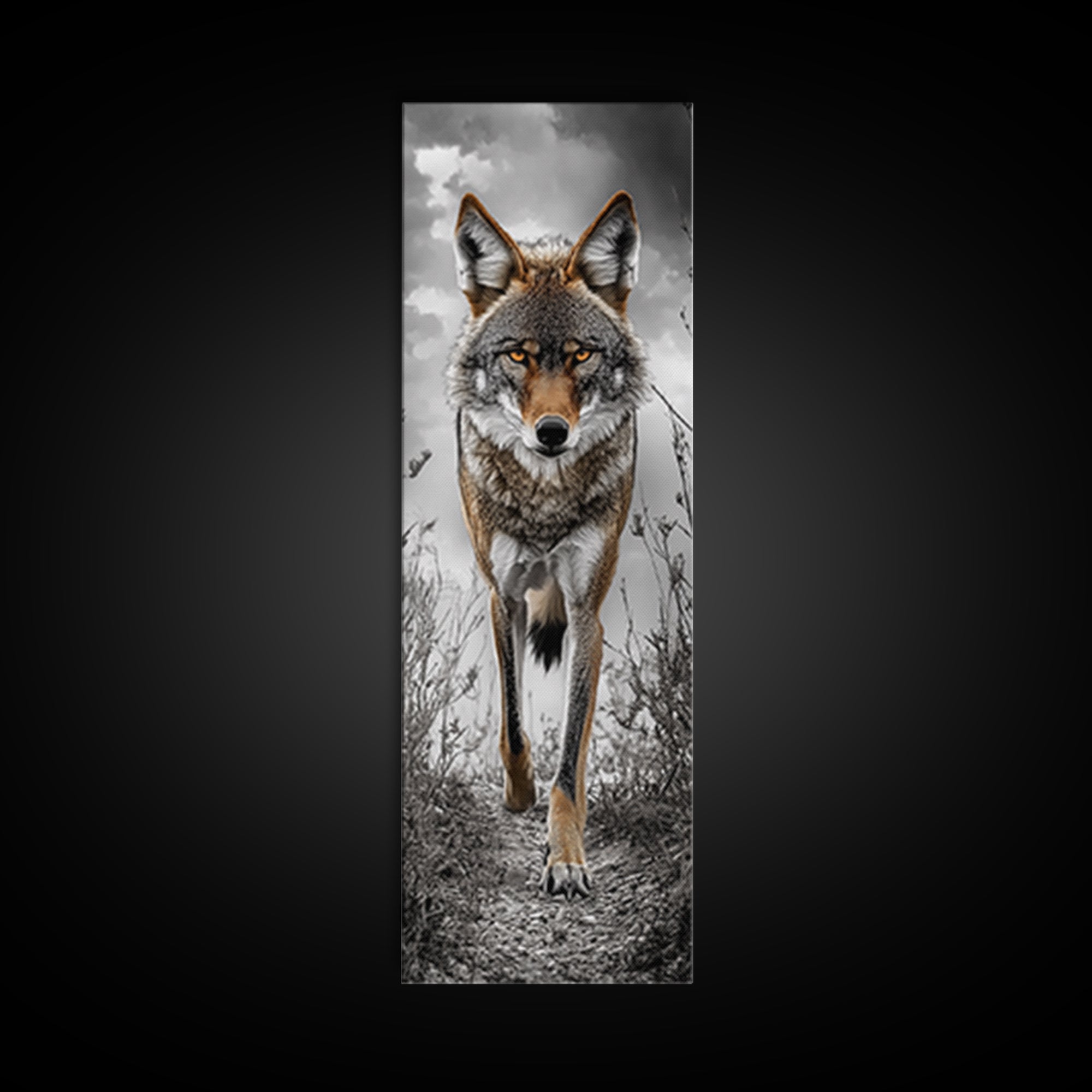 Intense Coyote Stare Framed Canvas Print | Wildlife Wall Art | Rustic Decor | Moody Art | Southwest Wall Art | Above Sofa Art | Gift Idea