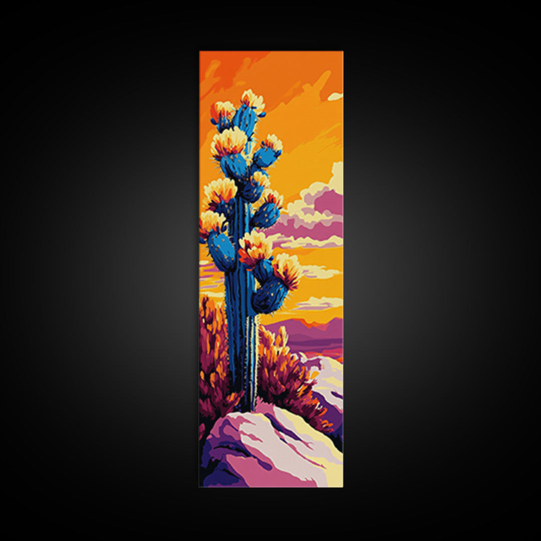 Blooming Cactus Sunset Canvas Print Southwest Wall Art Botanical Prints Vibrant Desert Painting Extra Wide Art