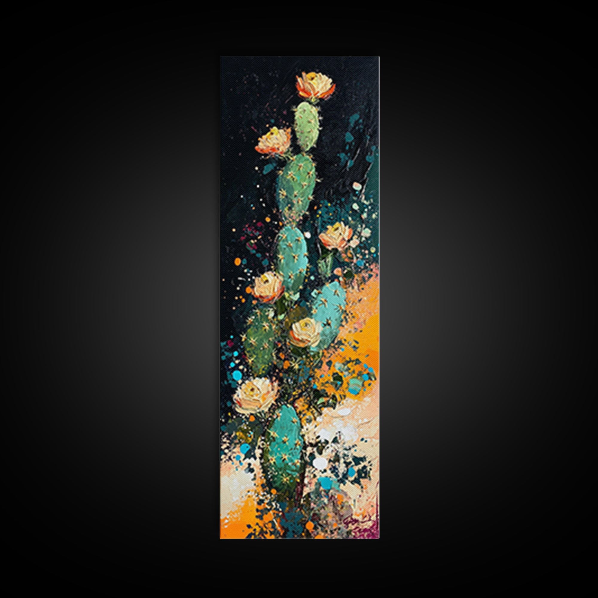 Desert Cactus Bloom Framed Canvas Print Southwest Wall Art Tall Narrow Art Rustic Decor Wildflower Painting