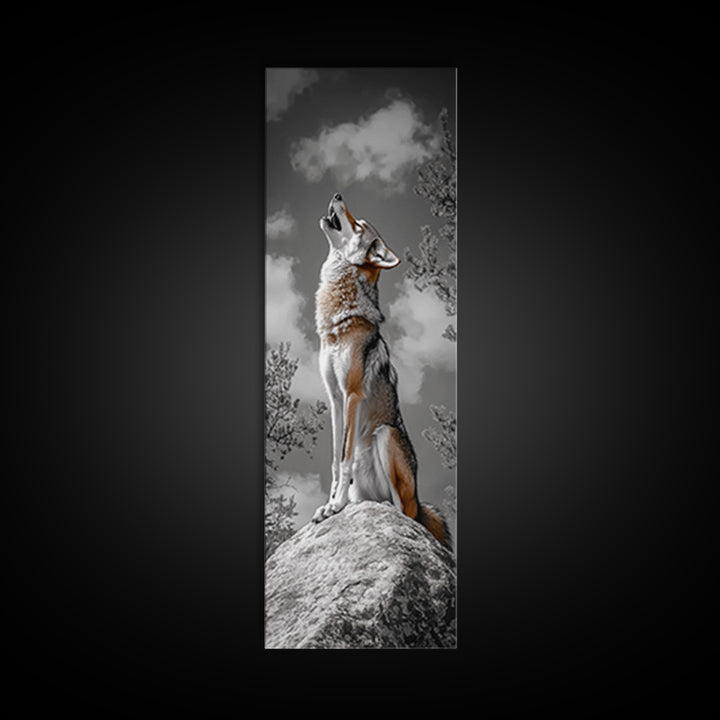 Howling Coyote on Rock Framed Canvas Print | Rustic Western Wall Art | Wildlife Painting | Moody Art | Farmhouse Decor | Gift Idea