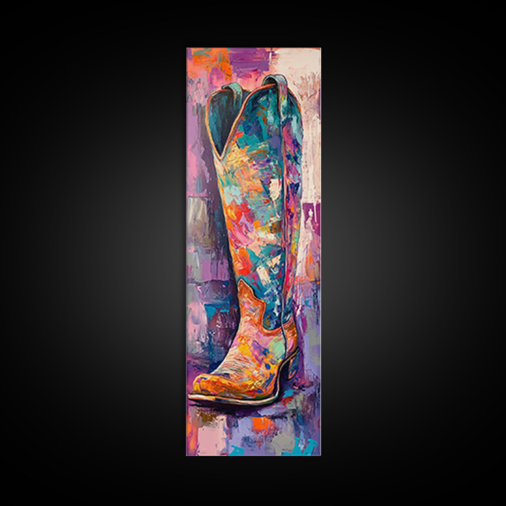 Colorful Cowboy Boot Oil Painting Framed Canvas Print, Whimsical Art, Rustic Wall Art, Extra Wide Art, Southwest Wall Art